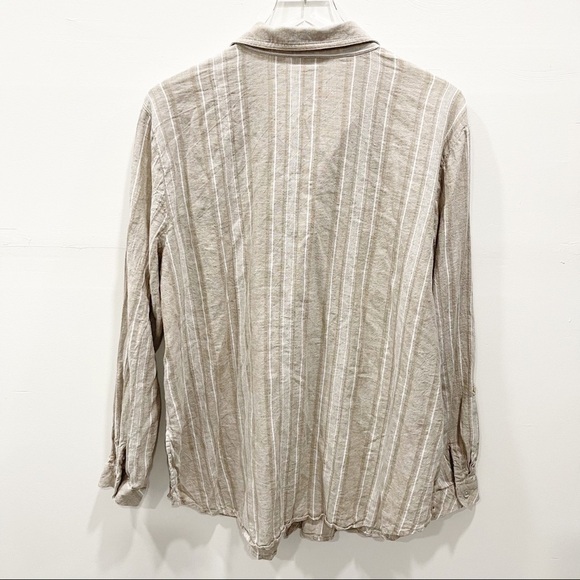 Susan Graver Long Sleeve Button Down Linen Shirt XL Tan Stripe Lagenlook - Picture 2 of 7